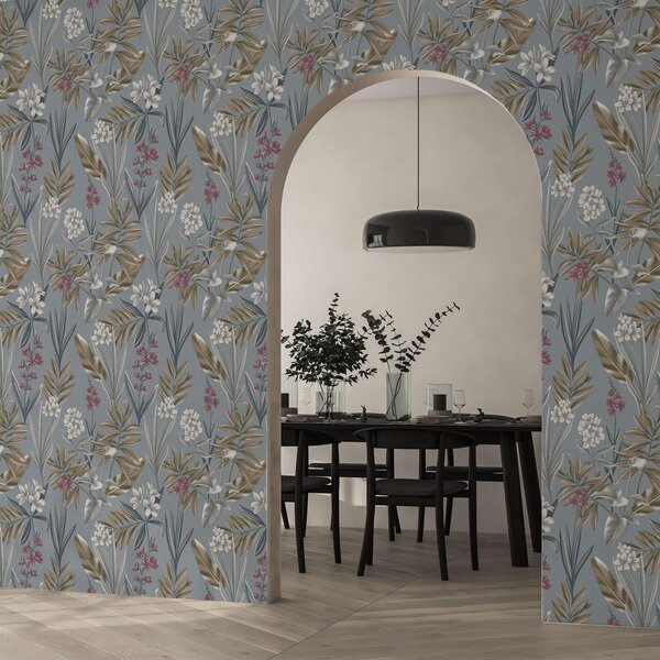 Carta da parati Rami floreali su sfondo grigio-blu, Parati fiori e piante classici, a00350 : Uwalls.it