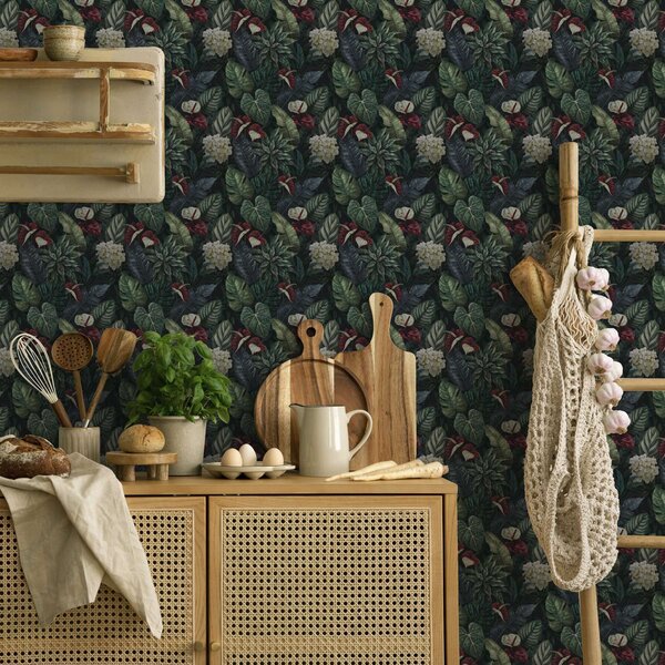 Carta da parati Foglie tropicali con fiori bianchi e rossi, Parati natura classici, Parati natura foglie classici, a00361 : Uwalls.it