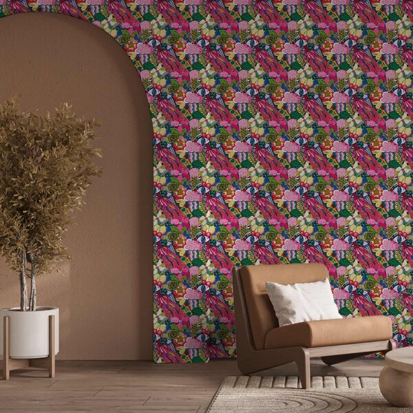 Carta da parati Pop-art astratta con fiori, bacche e disegni, Parati astratta classici, a00471 : Uwalls.it