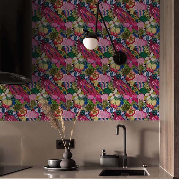 Carta da parati Pop-art astratta con fiori, bacche e disegni, Parati astratta classici, a00471 : Uwalls.it