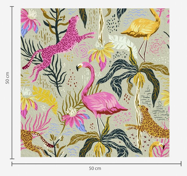 Carta da parati Fenicotteri e leopardi luminosi tra le piante tropicali, Parati natura classici, a00470 : Uwalls.it