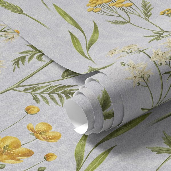Carta da parati Fiori gialli e verde su uno sfondo grigio chiaro, Parati fiori e piante classici, a00472 : Uwalls.it
