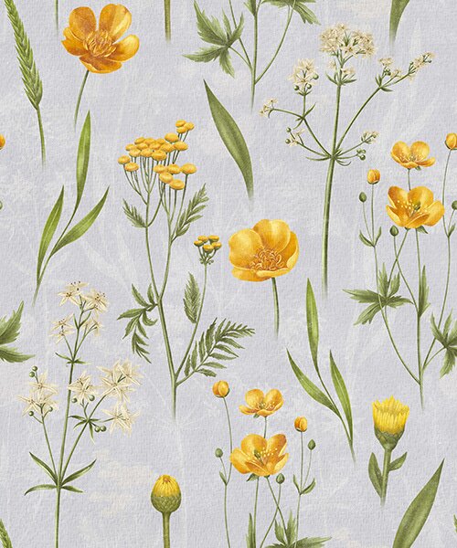 Carta da parati Fiori gialli e verde su uno sfondo grigio chiaro, Parati fiori e piante classici, a00472 : Uwalls.it