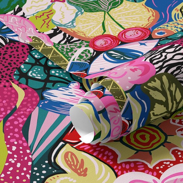 Carta da parati Pop-art astratta con fiori, bacche e disegni, Parati astratta classici, a00471 : Uwalls.it