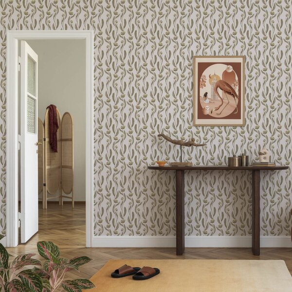 Carta da parati Ornamento verticale con fiori bianchi su sfondo rosa, Parati fiori e piante classici, a00476 : Uwalls.it