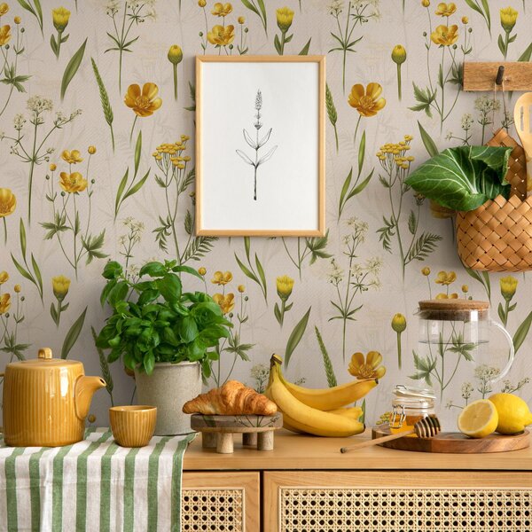 Carta da parati Fiori gialli e verde su sfondo beige, Parati fiori e piante classici, a00472v2 : Uwalls.it