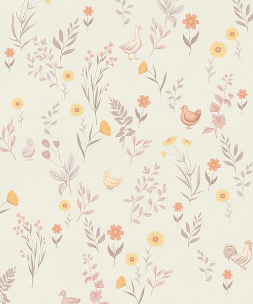Carta da parati Fiori di campo e galline in tenui toni pastello, Parati fiori e piante classici, a00478 : Uwalls.it