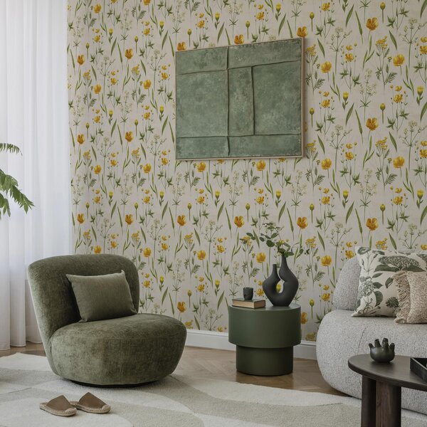 Carta da parati Fiori gialli e verde su sfondo beige, Parati fiori e piante classici, a00472v2 : Uwalls.it