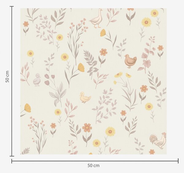 Carta da parati Fiori di campo e galline in tenui toni pastello, Parati fiori e piante classici, a00478 : Uwalls.it