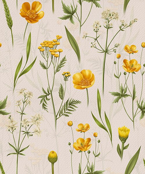 Carta da parati Fiori gialli e verde su sfondo beige, Parati fiori e piante classici, a00472v2 : Uwalls.it