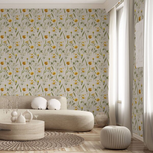 Carta da parati Fiori gialli e verde su sfondo beige, Parati fiori e piante classici, a00472v2 : Uwalls.it