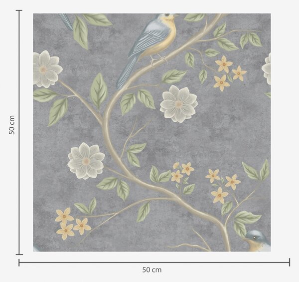 Carta da parati Uccelli su rami tra fiori su sfondo grigio, Parati fiori e piante classici, a00483 : Uwalls.it