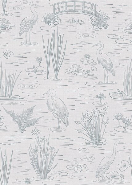 Carta da parati Disegno di aironi e piante acquatiche in calme tonalità di grigio, Parati natura classici, a00479 : Uwalls.it