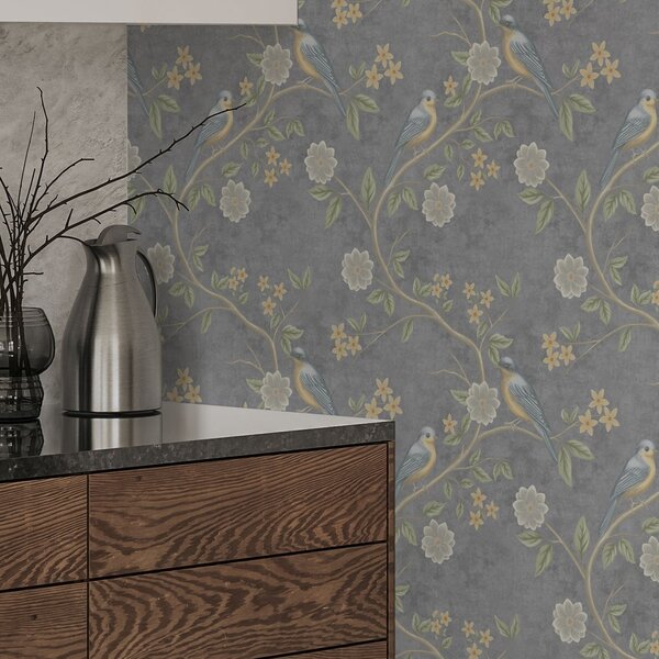 Carta da parati Uccelli su rami tra fiori su sfondo grigio, Parati fiori e piante classici, a00483 : Uwalls.it