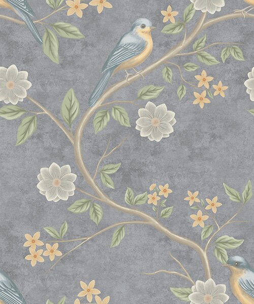 Carta da parati Uccelli su rami tra fiori su sfondo grigio, Parati fiori e piante classici, a00483 : Uwalls.it