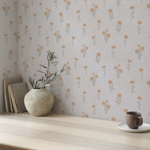 Carta da parati Piccoli fiori arancioni su sfondo grigio chiaro, Parati fiori e piante classici, a00486 : Uwalls.it