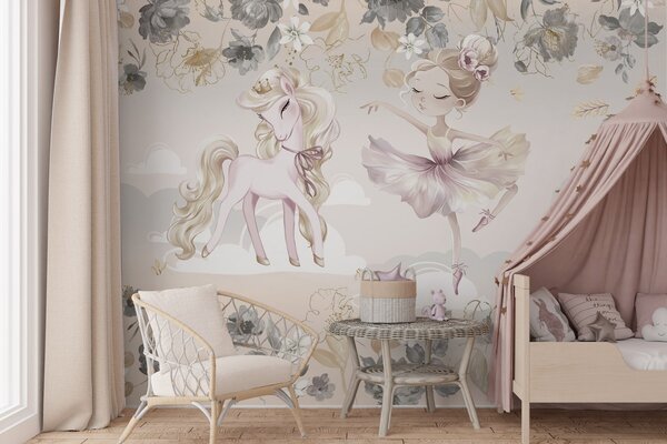 Carta da parati Un pony bianco come la neve e una ballerina tra fiori e, Carta da parati per Bambini, Carta da parati per Ragazze, w04419 : Uwalls.it