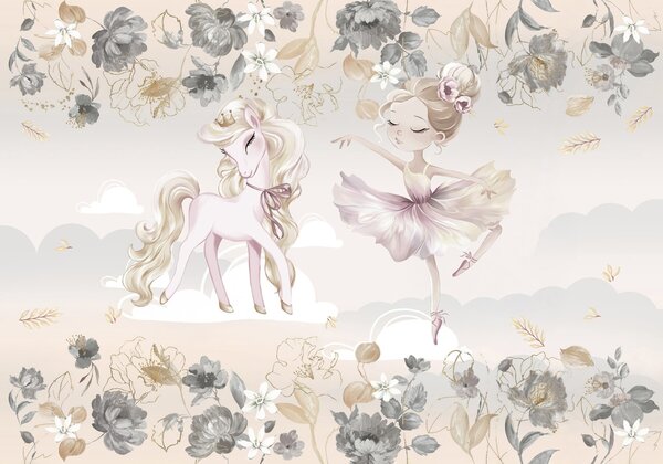 Carta da parati Un pony bianco come la neve e una ballerina tra fiori e, Carta da parati per Bambini, Carta da parati per Ragazze, w04419 : Uwalls.it