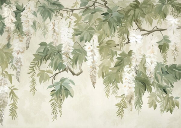 Carta da parati Rami di glicine con fiori bianchi e foglie verdi, sfondo verde, stile pittura vintage, Carta da parati Natura, w09375 : Uwalls.it