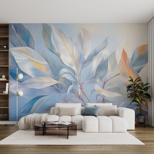 Carta da parati Foglie di magnolia con toni bianchi e blu, illuminazione soffusa, composizione, Carta da parati Acquerello, w09385 : Uwalls.it