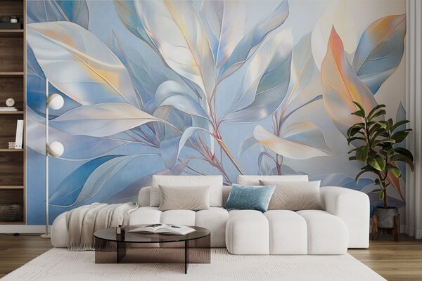Carta da parati Foglie di magnolia con toni bianchi e blu, illuminazione soffusa, composizione, Carta da parati Acquerello, w09385 : Uwalls.it