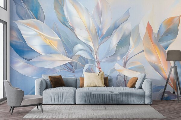 Carta da parati Foglie di magnolia con toni bianchi e blu, illuminazione soffusa, composizione, Carta da parati Acquerello, w09385 : Uwalls.it