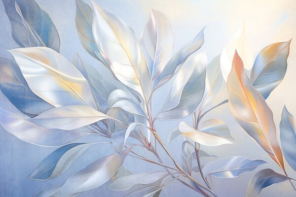 Carta da parati Foglie di magnolia con toni bianchi e blu, illuminazione soffusa, composizione, Carta da parati Acquerello, w09385 : Uwalls.it