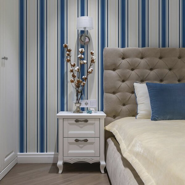 Carta da parati Larghe strisce blu con sottili linee gialle, Parati geometrica classici, Parati geometrica a righe classici, a00522 : Uwalls.it