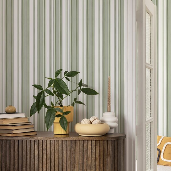 Carta da parati Strisce verdi con intervalli bianchi e linee, Parati geometrica classici, Parati geometrica a righe classici, a00526 : Uwalls.it