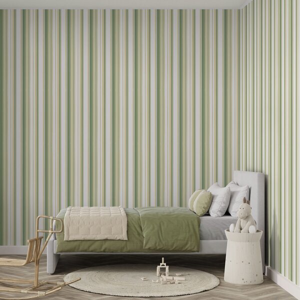 Carta da parati Strisce verdi e beige con linee d'accento gialle, Parati geometrica classici, Parati geometrica a righe classici, a00531 : Uwalls.it