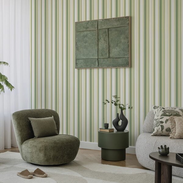 Carta da parati Strisce verdi e beige con linee d'accento gialle, Parati geometrica classici, Parati geometrica a righe classici, a00531 : Uwalls.it