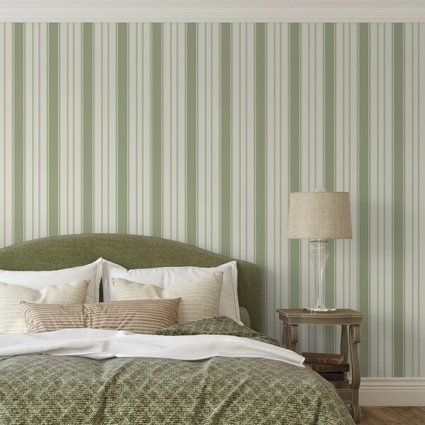 Carta da parati Fondo crema con strisce verticali verdi uniformi, Parati geometrica classici, Parati geometrica a righe classici, a00560 : Uwalls.it