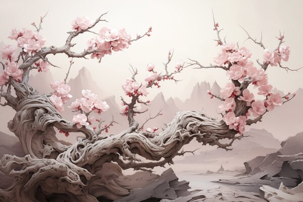 Carta da parati Tronco d'albero contorto con sakura rosa in fiore, Carta da parati Foresta, Carta da parati Alberi, w09388 : Uwalls.it