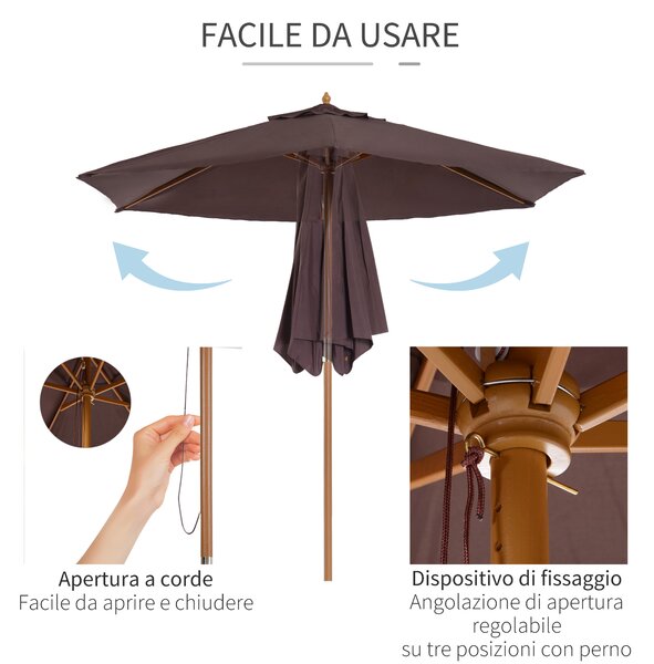 Outsunny Ombrellone da Giardino in Legno, Parasole Esterno Φ250 cm, Marrone, Design Classico per Terrazza|Aosom