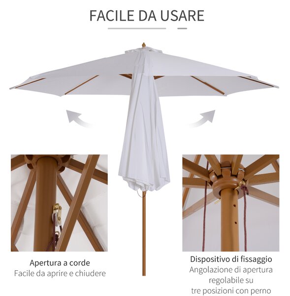 Outsunny Ombrellone da Giardino Φ300cm in Poliestere Crema, Anti UV, con Palo in Legno e 8 Stecche, Elegante e Resistente|Aosom