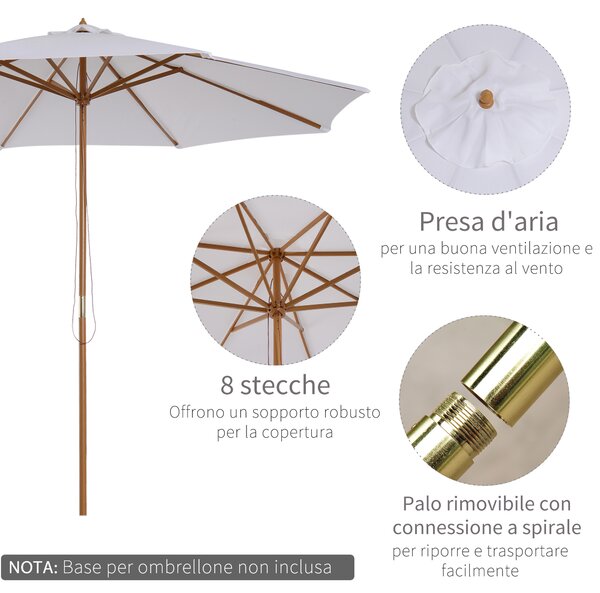 Outsunny Ombrellone da Giardino Φ300cm in Poliestere Crema, Anti UV, con Palo in Legno e 8 Stecche, Elegante e Resistente|Aosom
