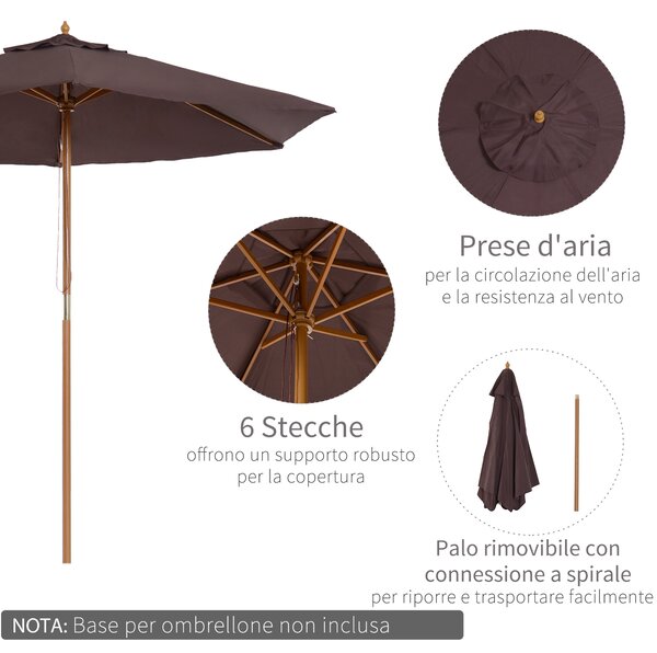 Outsunny Ombrellone da Giardino in Legno, Parasole Esterno Φ250 cm, Marrone, Design Classico per Terrazza|Aosom