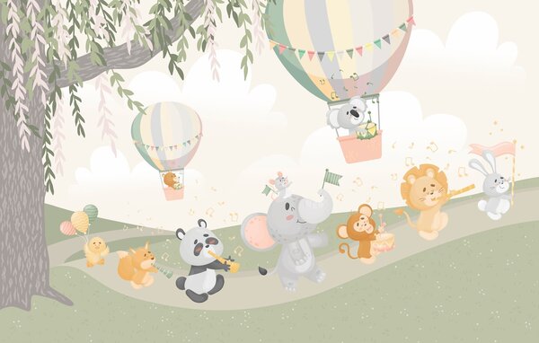 Carta da parati Paesaggio con animali che suonano strumenti musicali, Carta da parati per Bambini, Carta da parati Mongolfiere, w04200v1 : Uwalls.it