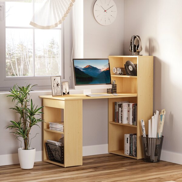 HOMCOM Scrivania Computer con Libreria Salvaspazio, Tavolo da Pranzo Porta PC per Ufficio e Studio in Truciolato 120x55x120 cm, color Legno|Aosom