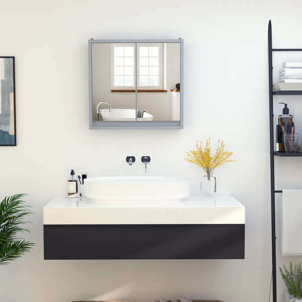 Homcom Armadietto da Bagno da Parete Doppia Porta a Vetro con Ripiano Regolabile, Grigio, 48x14.5x45cm|Aosom