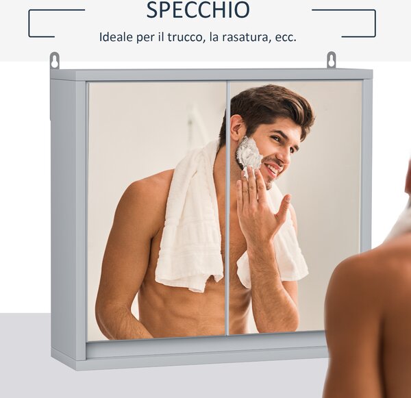 Homcom Armadietto da Bagno da Parete Doppia Porta a Vetro con Ripiano Regolabile, Grigio, 48x14.5x45cm|Aosom