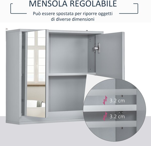 Homcom Armadietto da Bagno da Parete Doppia Porta a Vetro con Ripiano Regolabile, Grigio, 48x14.5x45cm|Aosom