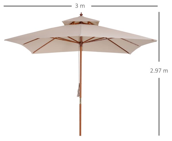 Outsunny Ombrellone da Giardino 3x3m con 8 Stecche in Bamboo e Copertura Parasole a 2 Livelli, Crema|Aosom