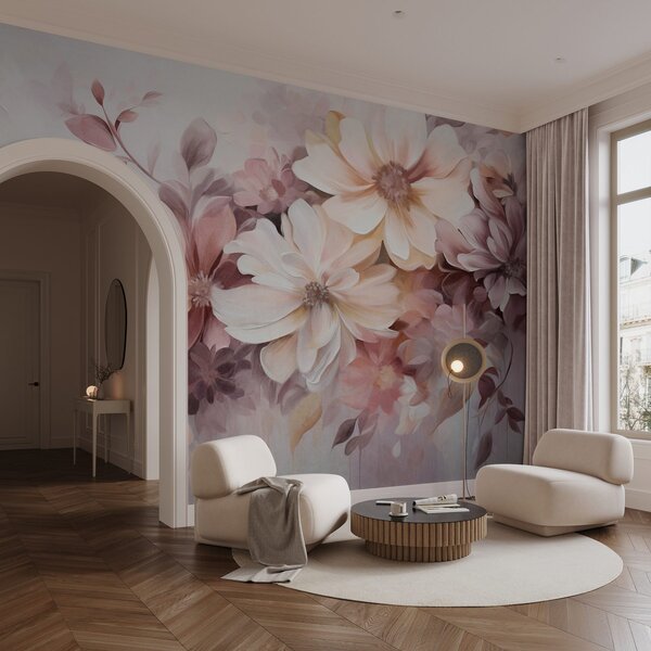 Carta da parati Una composizione floreale con grandi fiori dai colori tenui e dalla texture ricca, nei, Carta da parati Floreale, w09398 : Uwalls.it