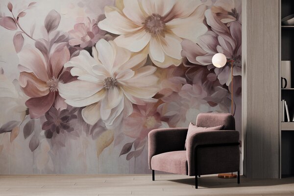 Carta da parati Una composizione floreale con grandi fiori dai colori tenui e dalla texture ricca, nei, Carta da parati Floreale, w09398 : Uwalls.it