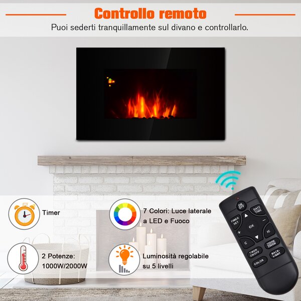 HOMCOM Camino Elettrico da Parete o Terra 2000W con Fiamma LED 7 Colori, Nero, 90x56x9.5cm