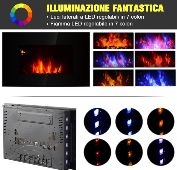HOMCOM Camino Elettrico da Parete o Terra 2000W con Fiamma LED 7 Colori, Nero, 90x56x9.5cm
