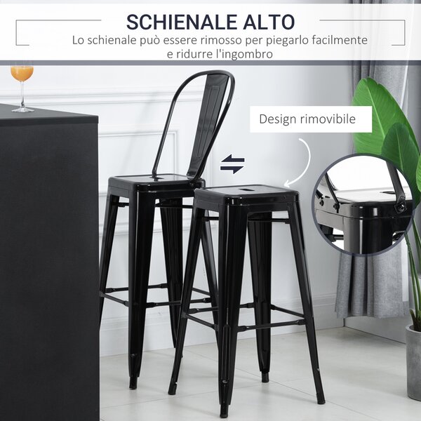 HOMCOM Sgabelli Impilabili in Metallo per Casa e Bar con Schienale Rimovibile e Poggiapiedi Design Industriale in Nero per Interni ed Esterni|Aosom