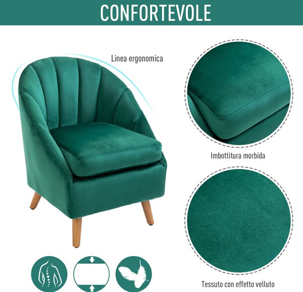 HOMCOM Poltrona Elegante per Relax con Imbottitura Generosa, Base in Legno Resistente, 67x65x77 cm, per Salotto e Camera, Verde | Aosom Italy
