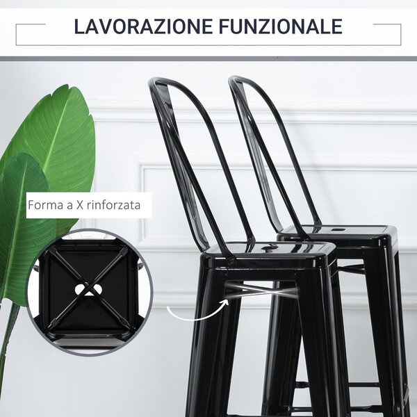 HOMCOM Sgabelli Impilabili in Metallo per Casa e Bar con Schienale Rimovibile e Poggiapiedi Design Industriale in Nero per Interni ed Esterni|Aosom